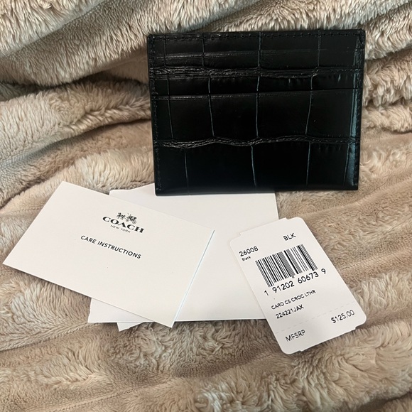 Coach Black Croc Embossed Leather Card Holder - Picture 1 of 3
